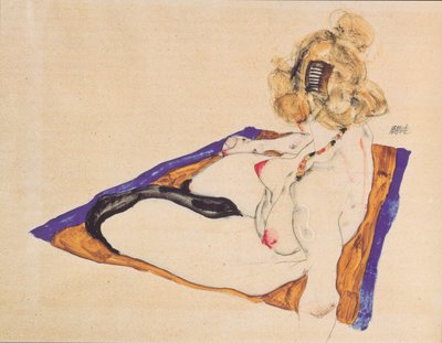 Blonde Nude Model Sitting on Brown Cloth by Egon Schiele